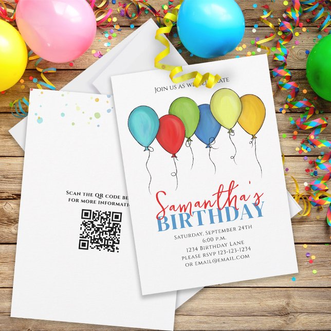 Convite Birthday Balloons Confetti Modern Party QR Code  (Criador carregado)