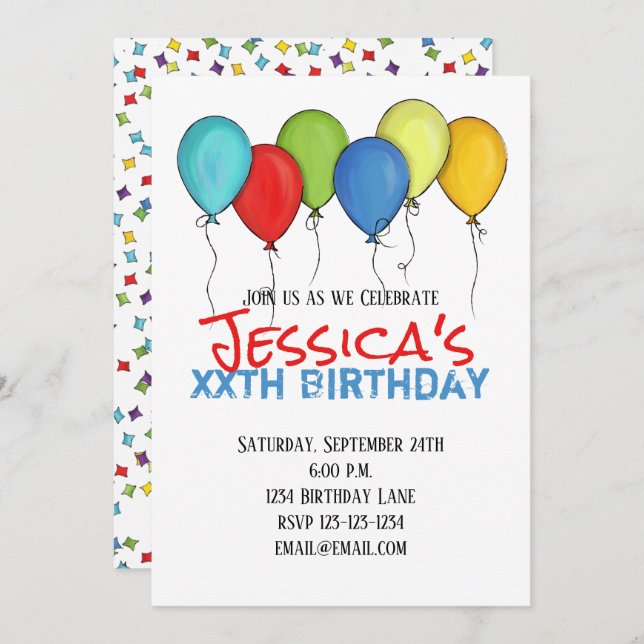 Convite Birthday Balloons Confetti Partido Moderno (Frente/Verso)