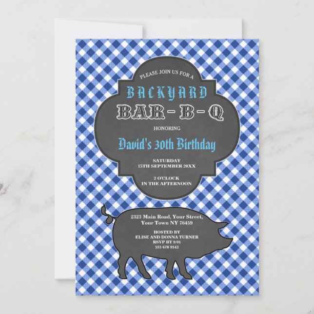 Convite Birthday BARBEQUE Chalk Blue Gingham (Frente)