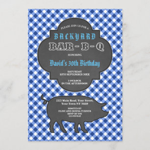 Convite Birthday BARBEQUE Chalk Blue Gingham