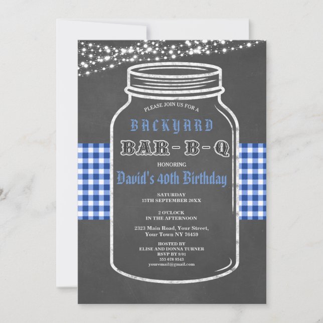 Convite Birthday BARBEQUE Mason Jar Gingham (Frente)