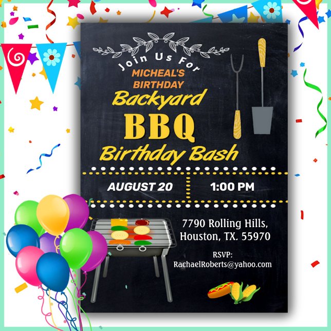 Convite Birthday Bash Chalkboard Backyard Barbecue Invita (Criador carregado)