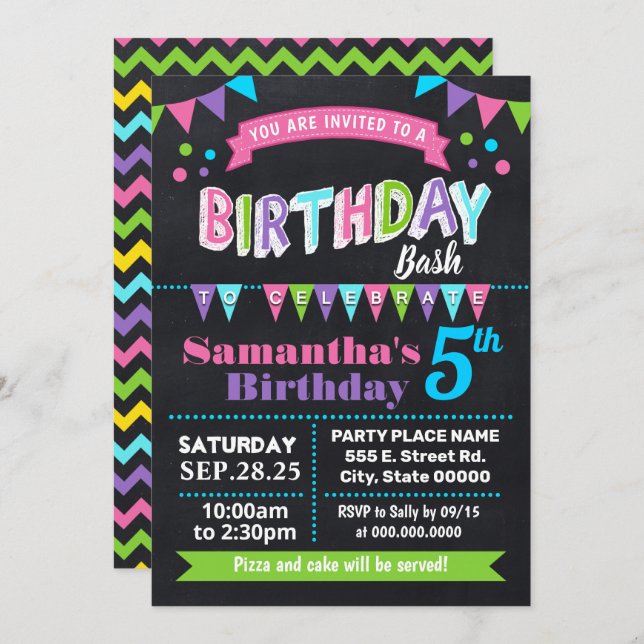 Convite Birthday Bash Children Party Chalkboard Pink (Frente/Verso)