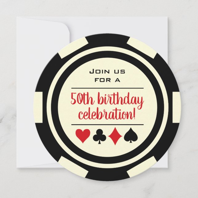 Convite Birthday Black White Poker Chip Casino (Frente)