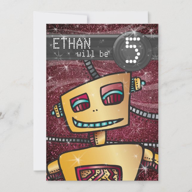 Convite Birthday Boy Robot Comic Book Hero Space SciFi (Frente)