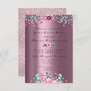 Convite Birthday Bridal Floral Bohemian EggPlant Sparkly