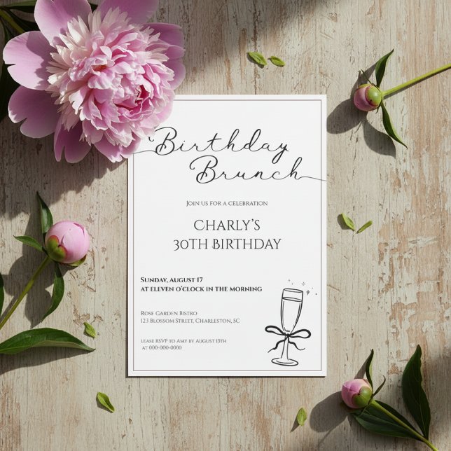 Convite Birthday Brunch Invitation for Women (Birthday brunch invitation with pink peony and buds on rustic wooden background.)