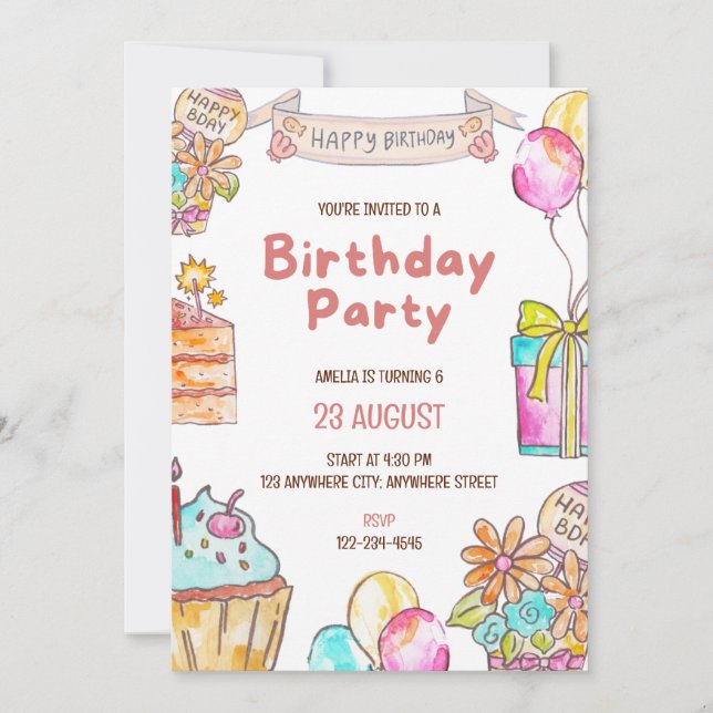 Convite Birthday Cake Kids Party Invitation  (Frente)