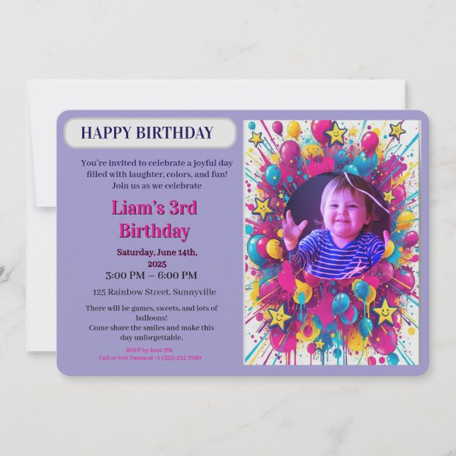 Convite  Birthday Colorful Photo Balloon Party Invitation (Frente)