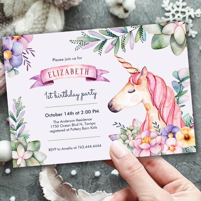 Convite Birthday da Flor de Água Púrpura (Purple Watercolor Flower Unicorn Girl Birthday Invitation)