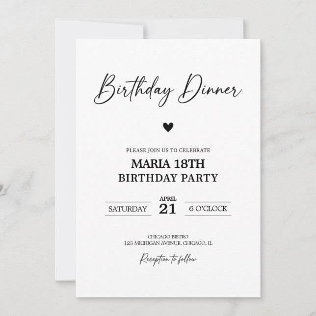 Convite Birthday Dinner Invitation for Adults Editable (Frente)