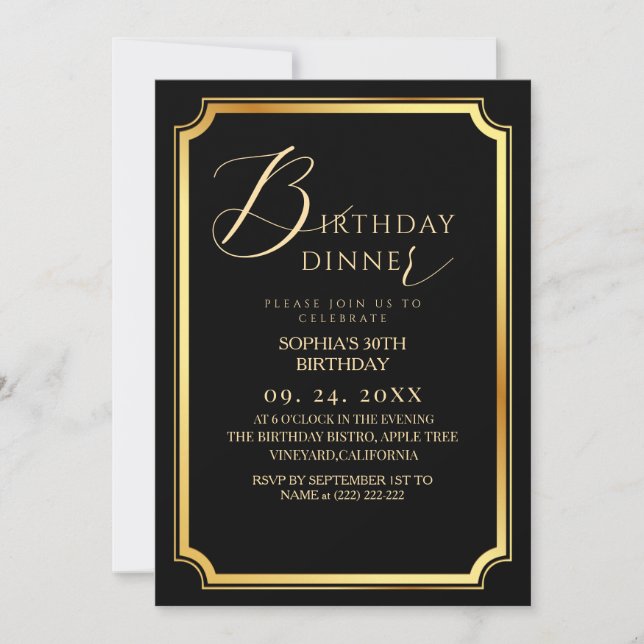 Convite  Birthday Dinner Modern & Minimal Black  (Frente)
