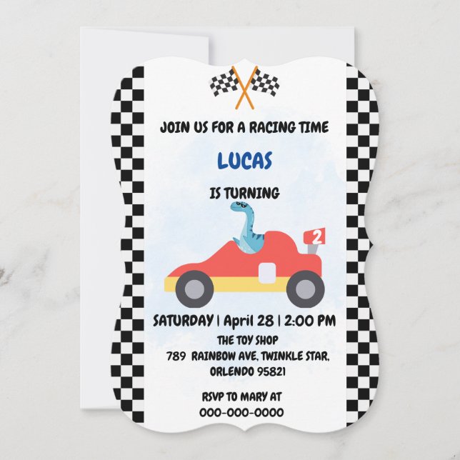 Convite Birthday Dinosaur, corrida de carros, garotinho ve (Frente)