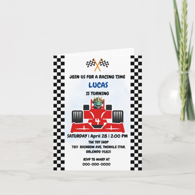 Convite Birthday Dinosaur, corrida de carros, garotinho ve (Frente)