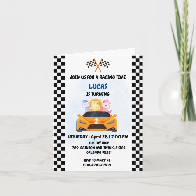 Convite Birthday Dinosaur, corrida de carros, garotinho ve (Frente)