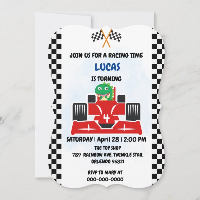 Convite Birthday Dinosaur, corrida de carros, garotinho ve (Frente)