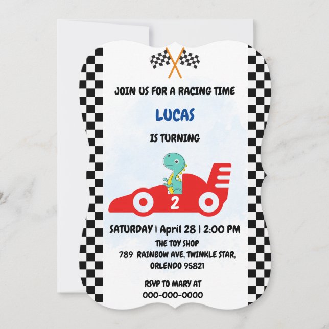 Convite Birthday Dinosaur, corrida de carros, garotinho ve (Frente)
