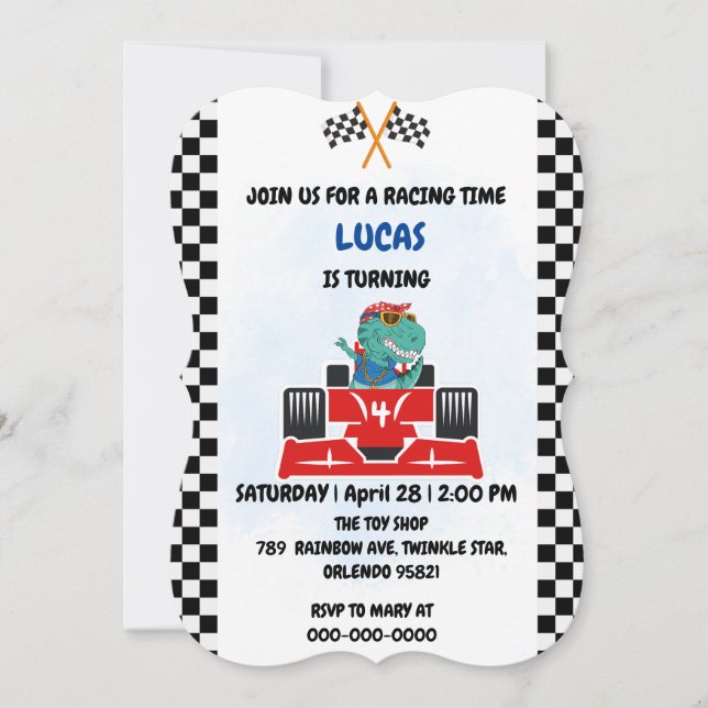 Convite Birthday Dinosaur, corrida de carros, garotinho ve (Frente)