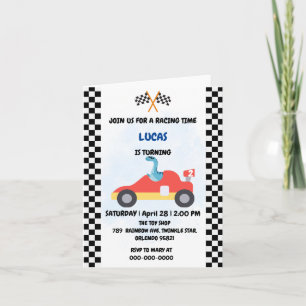 Convite Birthday Dinosaur, corrida de carros, garotinho ve