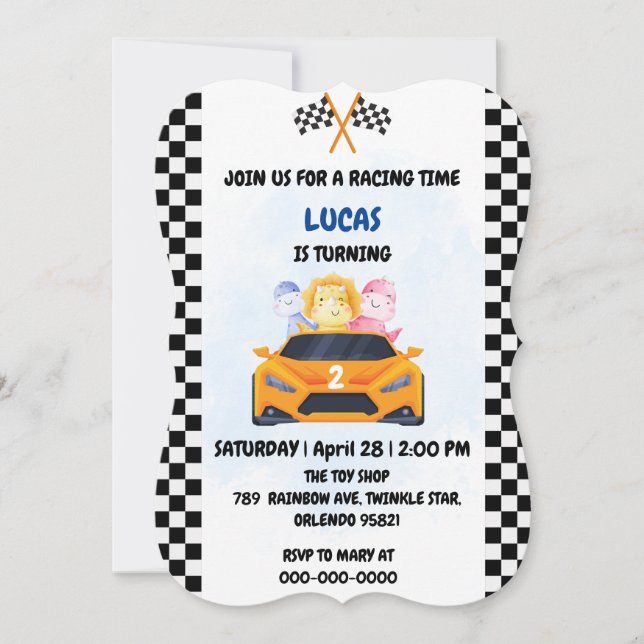 Convite Birthday Dinosaur, corrida de carros, garotinho ve (Frente)