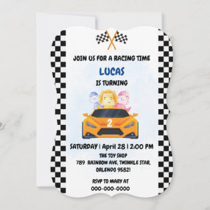 Convite Birthday Dinosaur, corrida de carros, garotinho ve