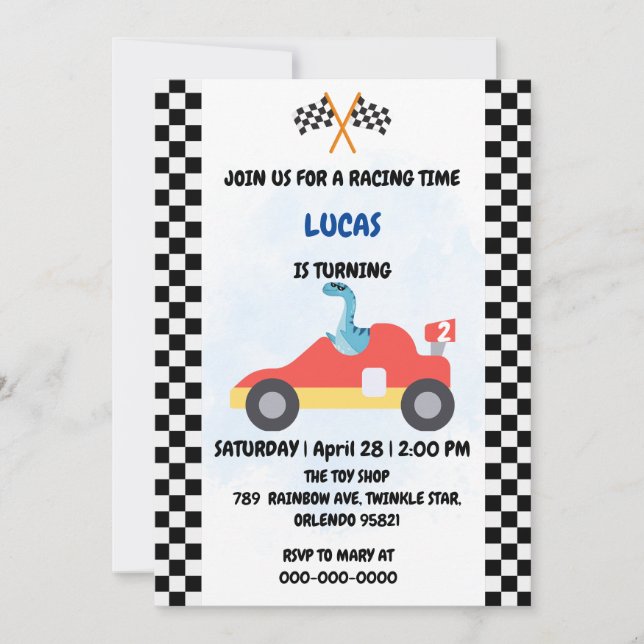 Convite Birthday Dinosaur, corrida de carros, garotinho ve (Frente)