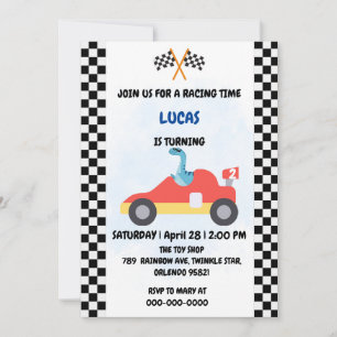 Convite Birthday Dinosaur, corrida de carros, garotinho ve