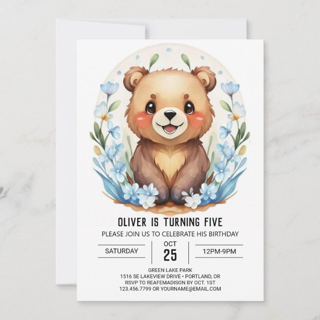 Convite Birthday do Urso da Floresta Azul (Frente)