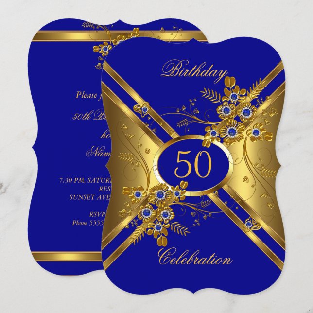 Convite Birthday Elegant Dourado Royal Blue Floral (Frente/Verso)