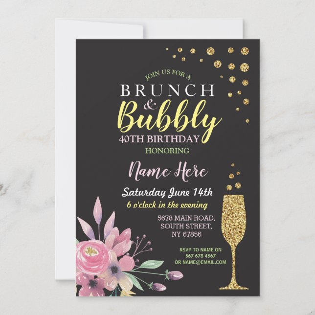 Convite Birthday Floral Brunch e Bubble Pink Invite (Frente)