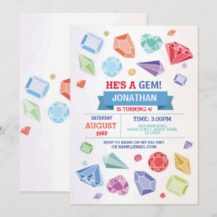 Convite Birthday Gem Party Crystals Blue Red Geode