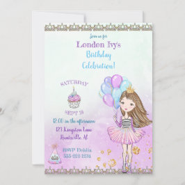 Convite Birthday Girl Princess Cupcake Balloons Lavanda