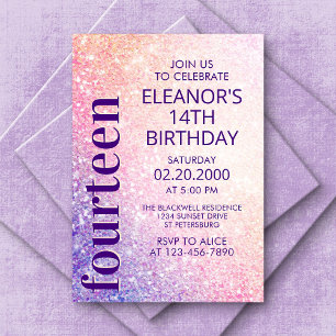 Convite Birthday Glitter Purple Pink