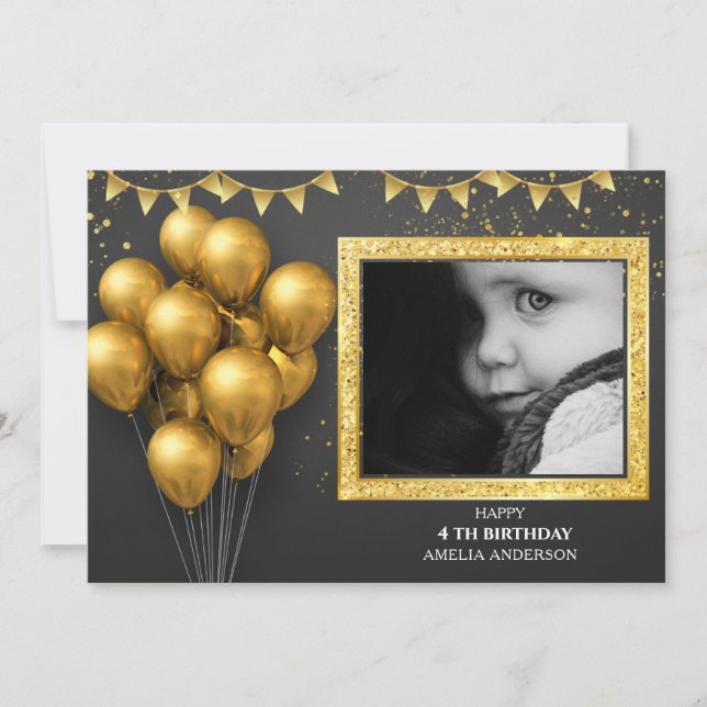 Convite  Birthday Gold Silver Black Balloons (Frente)