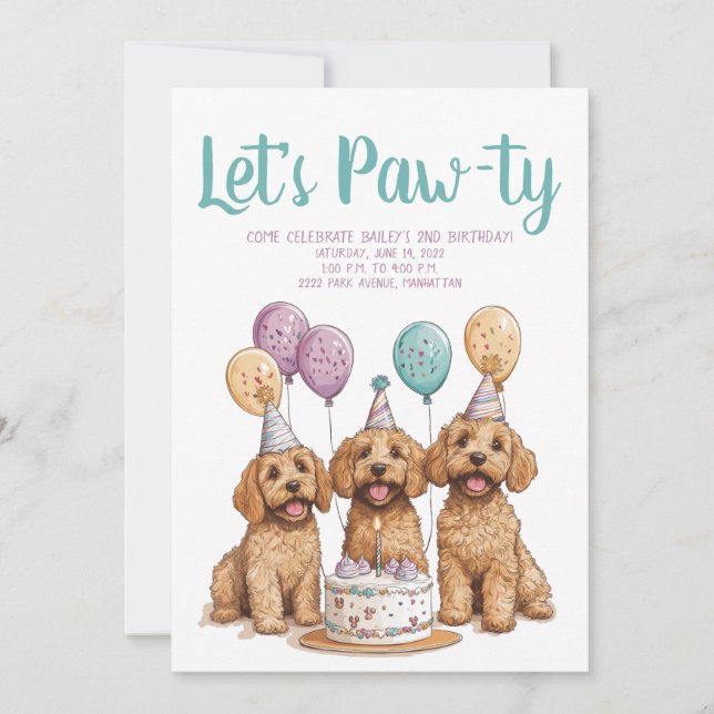 Convite Birthday Goldendoodle Cães Bolo de Aniversário (Frente)