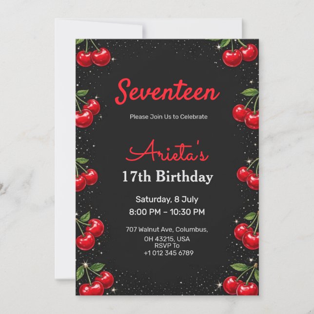 Convite Birthday invitation black back in cherries theme (Frente)