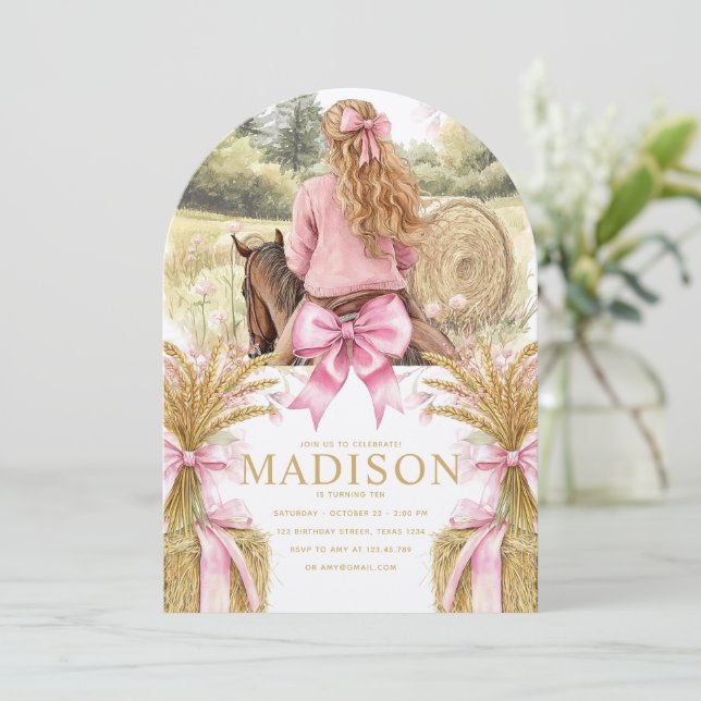 Convite Birthday Invitation Blonde Girl Riding Horse (Em pé/Frente)