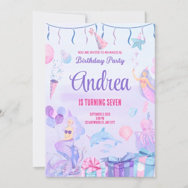 Convite Birthday invitation card. Mermaid for Girls.Custom (Frente)