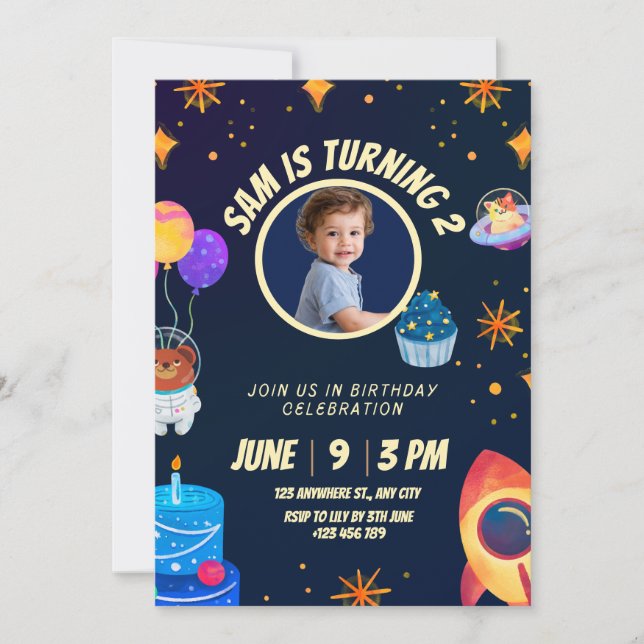 Convite Birthday Invitation Space Rocket for kids  (Frente)
