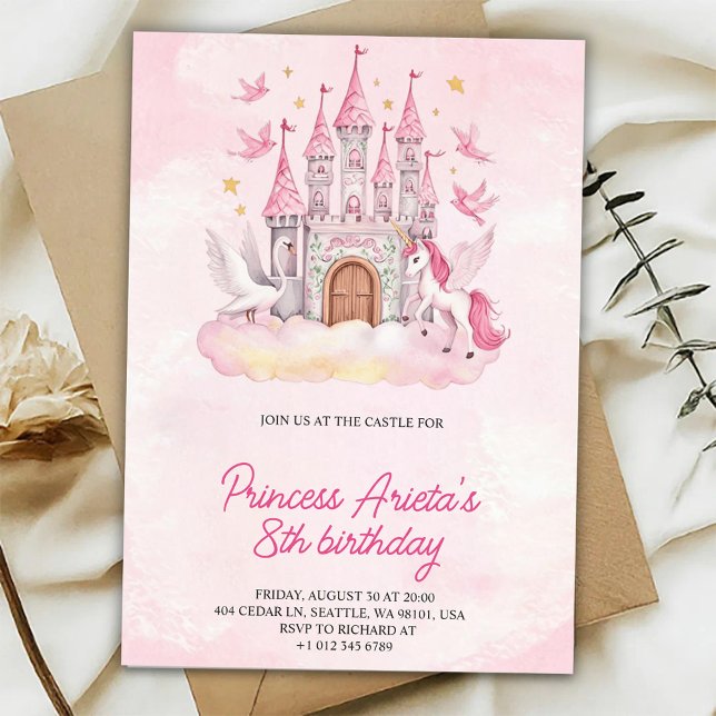 Convite Birthday Invitation with a pink castle  (Criador carregado)