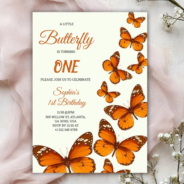 Convite birthday invitation with vibrant orange butterfly (Criador carregado)
