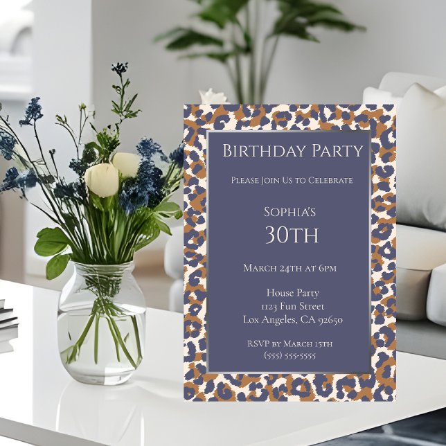 Convite Birthday-Leopardo-Padrão-Azul e Castanho- (Leopard Pattern-Blue and Brown- Birthday Invitation 
)