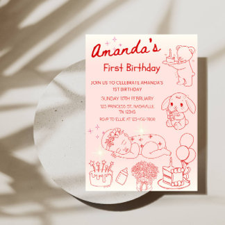 Convite  Birthday Line Art Girl’s 1st Birthday Party