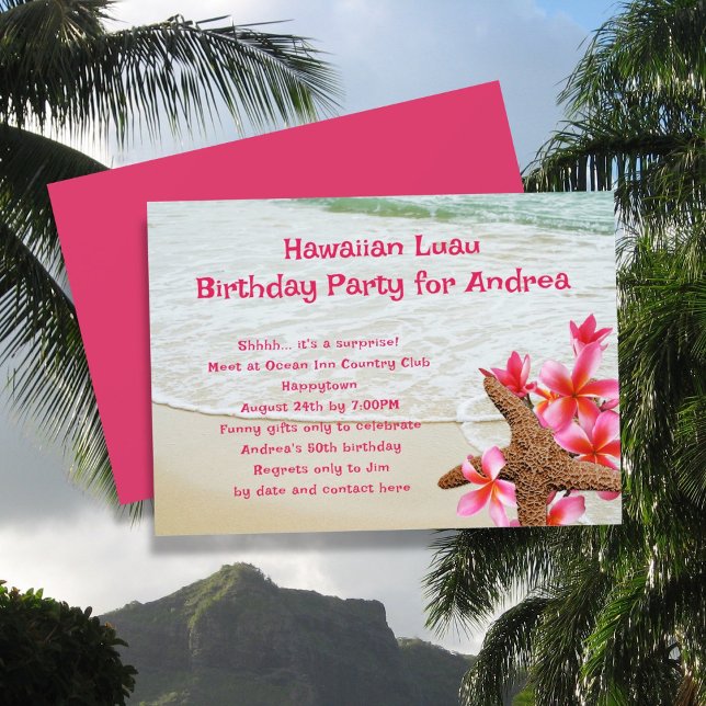 Convite Birthday Luau Pink Frangipani Starfish Invants (Criador carregado)