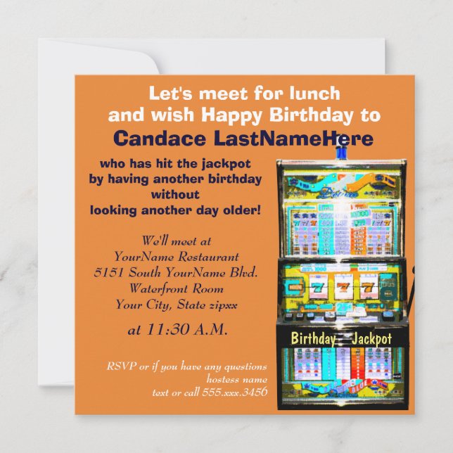 Convite Birthday Luncheon Slot Machine Jackpot (Frente)