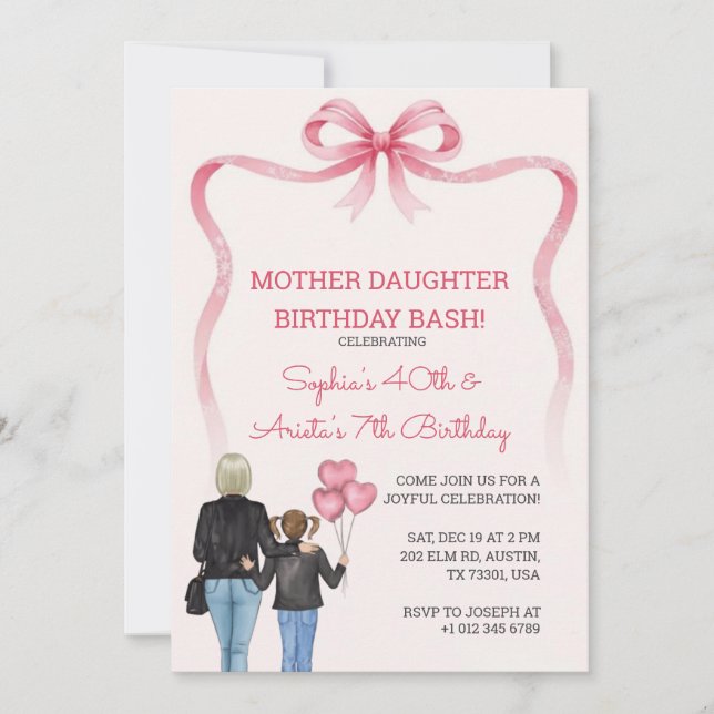 Convite Birthday mother daughter pink bow theme  (Frente)