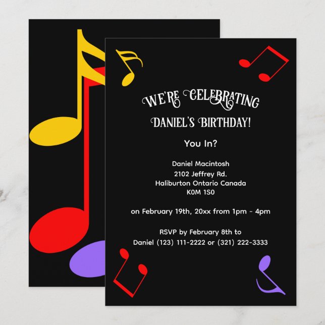 Convite Birthday Music Notes Invitation (Frente/Verso)