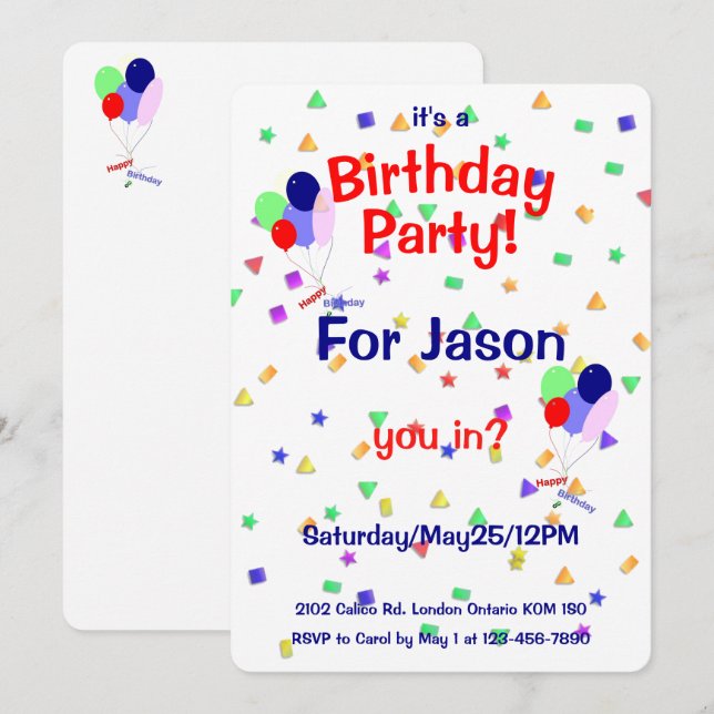 Convite Birthday Party Balloons Invitation (Frente/Verso)