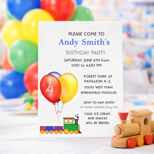 Convite Birthday Party Balloons & Train  (Editable birthday invitation template for boys  personalize name, age, and details)