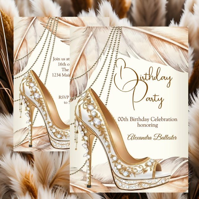 Convite Birthday Party Beige Cream Gold Heel Stiletto Shoe (Criador carregado)